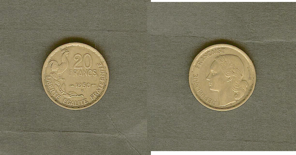20 francs G.Guiraud 3 feathers 1950B EF+